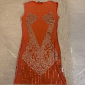 Bodycon SHEER FRONT rhinestone Orange Dress Maximum Showgirl TS12 vibes! 🧡